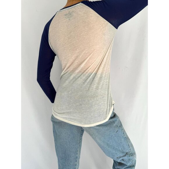 y2k vintage navy white Triumph logo graphic baseball jersey paper thin sheer top - Picture 4 of 7